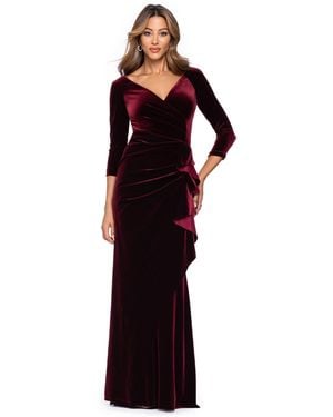 Xscape Velvet V-neck Ruffle-front Long-sleeve Gown - Red