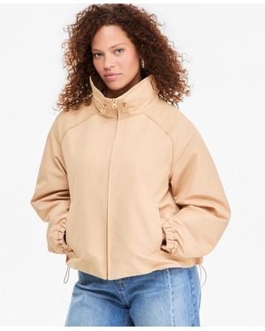 On 34th Funnel-neck Ruched-sleeve Bubble Hem Jacket - Natural