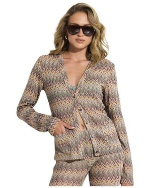 Gottex Beach Life Desert Mirage Victoria Beach Zig-zag Crochet V-neck Cardigan - Brown