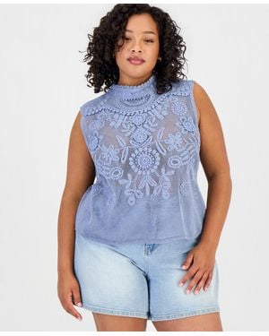 And Now This Trendy Plus Size Cotton Crochet Mock Neck Sleeveless Top - Blue