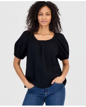 Style & Co. Cotton Gauze Puff-sleeve Top - Black