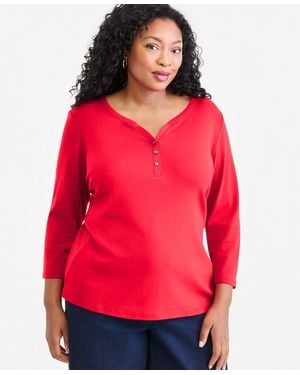 Style & Co. Plus Size 3/4-sleeve Cotton Henley Top - Pink