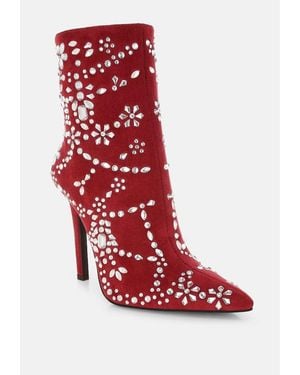 LONDON RAG Dunari Diamante Embellished Microfiber Boots - Red