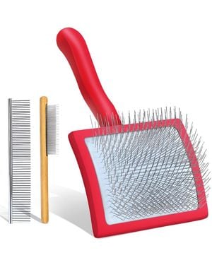 Aronkl Dog Slicker Brush Grooming Kit Long Hair Detangles Mats Shedding Wooden Handle Combs - Red