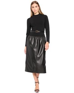 Luxely Long-sleeve Mock-neck Mixed-media Midi Dress - Black