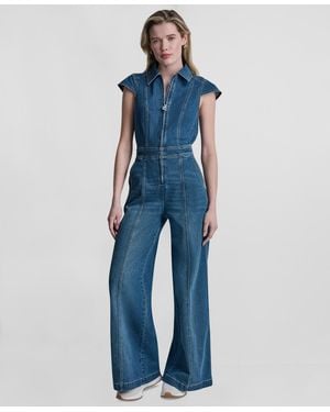 DKNY Wide-leg Cap-sleeve Denim Jumpsuit - Blue
