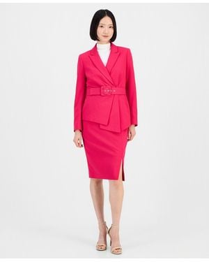Tahari Asymmetrical Belted Jacket & Pencil Skirt Suit Set - Pink
