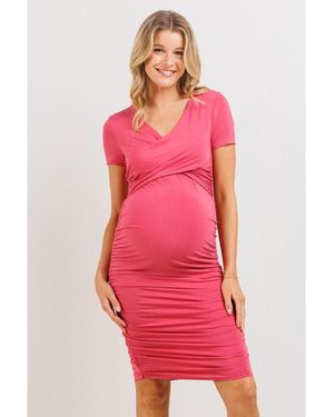Hello Miss Maternity Bodycon V-neck Wrap Dress Nursing Friendly - Pink