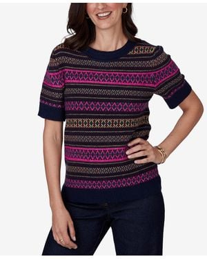 Ruby Rd. Petite Fair Isle Short-sleeve Scoop Neck Sweater - Purple