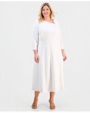 Anne Klein Plus Size Asymmetric-neck 3/4-sleeve Midi Dress - White
