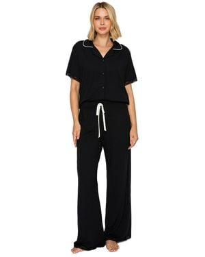 Studio Badgley Mischka Yummy Short-sleeve Button-up Wide-leg Top And Pants Set - Black