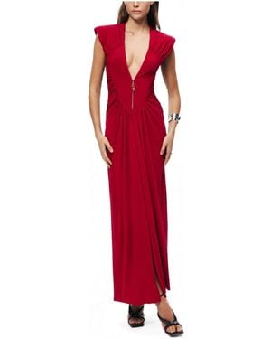Nocturne Ruched Deep V-neck Maxi Dress - Red