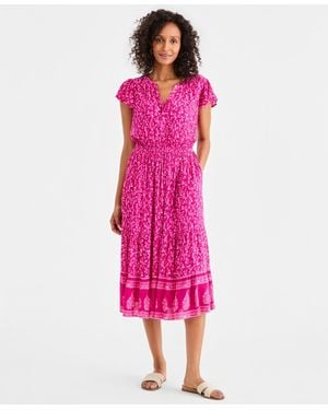 Style & Co. Petite Printed Split-neck Short-sleeve Midi Dress - Pink