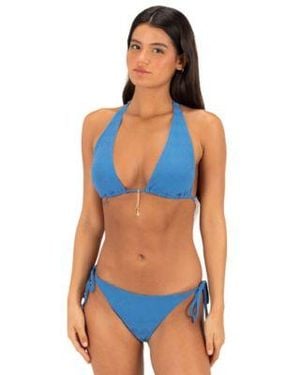 Hurley Seaside Charm Stripe Convertible Bikini Halter Top Skimpy Coverage Low Hip Swim Bottom - Blue
