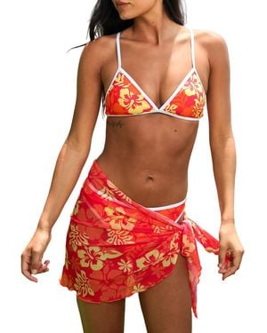 CUPSHE Aloha Bliss Floral Sarong Three Piece Bikini Set - Red