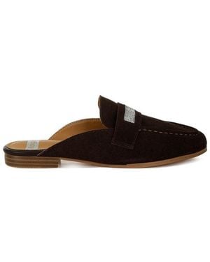 Rag & Co Belorose Rhinestone Strap Suede Mules - Brown