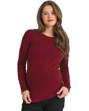 Hello Miss Maternity Waffle-knit Crewneck Long-sleeve Top - Red