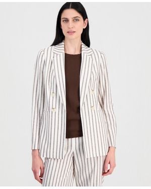 Anne Klein Linen-blend Striped Open Front Blazer - White