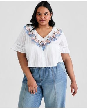 And Now This Trendy Plus Size Cotton Ruffled V-neck Top - White