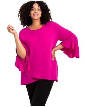 Avenue Plus Size Ruffle Sleeve Tulip Hem Blouse - Pink