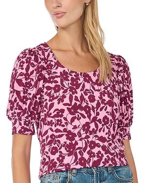 Cece Floral-print Shirred Short-sleeve Crewneck Blouse