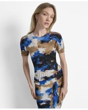DKNY Printed Mix-rib Short-sleeve Sweater - Blue