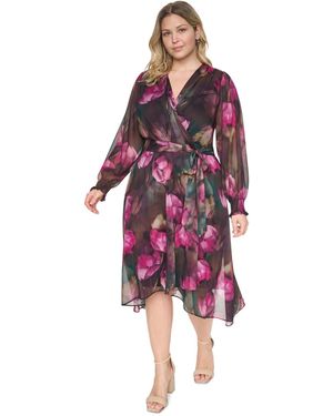 DKNY Plus Size Faux Wrap Chiffon Surplice Neck Belted Dress - Red