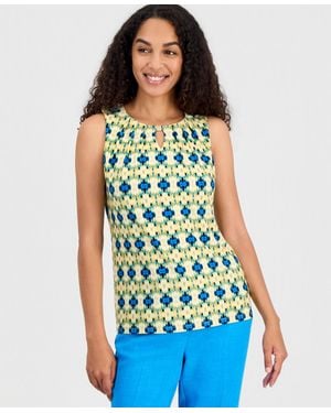 Kasper Printed Sleeveless Keyhole Top - Blue