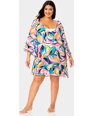 Anne Cole Plus Size V-neck Flounce Swim Cover Up Tunic - Blue