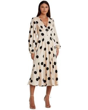 Mac Duggal Polka Dot Charmeuse Long Sleeve V Neck Midi Dress - White