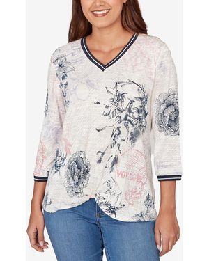 Ruby Rd. Petite Botanical Stamp Knit Twist Front Top - Gray