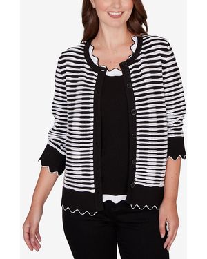 Ruby Rd. Petite Scallop Trim Striped Button Cardigan Sweater - Black