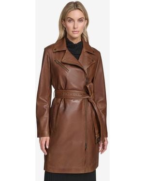 Andrew Marc Jacqui Moto Style Leather Trench Coat - Brown