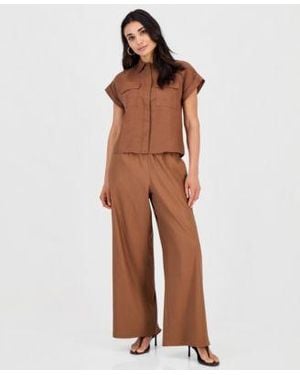 INC International Concepts Petite Linen Blend Short Sleeve Button Front Shirt High Rise Wide Leg Pants Macys Exclusive - Brown