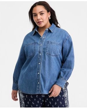 On 34th Trendy Plus Size Geneva Cotton Snap-front Shirt - Blue