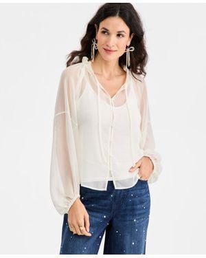 On 34th Blouson-sleeve Split-neck Button-front Blouse - White
