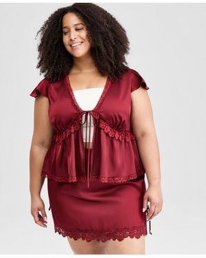 And Now This Plus Sizesatin Lace Peplum-hem Top - Red