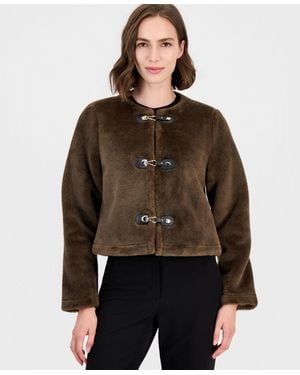 Tahari Cropped Buckled Faux Fur Coat - Brown