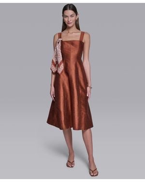 Halston Sleeveless Detachable Scarf Detail Midi Dress - Brown