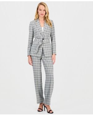 Anne Klein Plaid Printed Mid-rise Pants - Gray