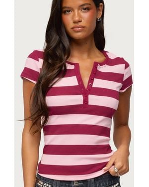 Edikted Rhianon Striped Henley Top - Red