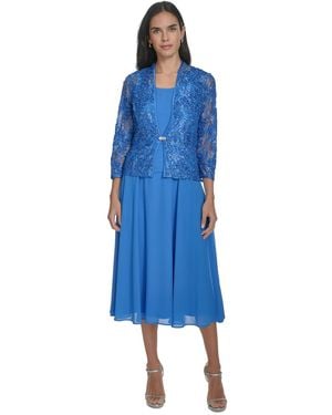 Jessica Howard 2.pc Jewel-neck Midi Dress & Lace 3/4-sleeve Jacket - Blue