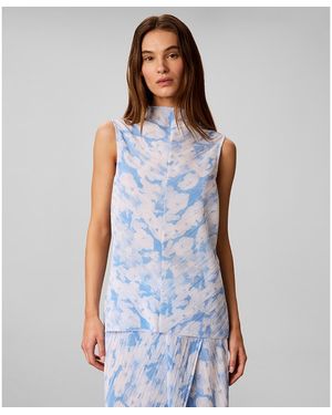 Calvin Klein Printed Plisse Mock Neck Sleeveless Top - Blue