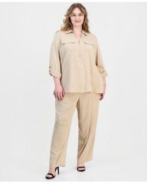 Anne Klein Plus Size Collared Half Zip Long Sleeve Top Pull On Straight Leg Pants - Natural