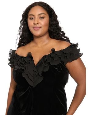 Muse Plus Size Off-the-shoulder Velvet Ruffle Blouse - Black