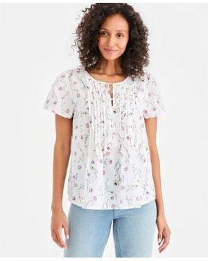 Style & Co. Style Co Printed Cotton Pintuck Flutter Sleeve Top Macys Exclusive - White