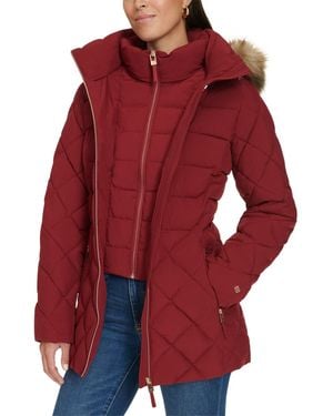 Tommy Hilfiger Bibbed Faux-fur-trim Hooded Puffer Coat - Red