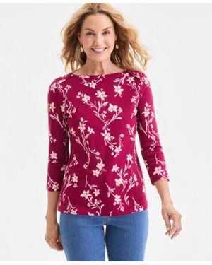 Style & Co. Style Co Printed Pima Cotton 3 4 Sleeve Boat Neck Top Macys Exclusive - Red
