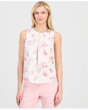 Anne Klein Printed Pleated Neck Sleeveless Top - Pink