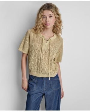 DKNY Textured Pointelle Lace Front Top - Natural
